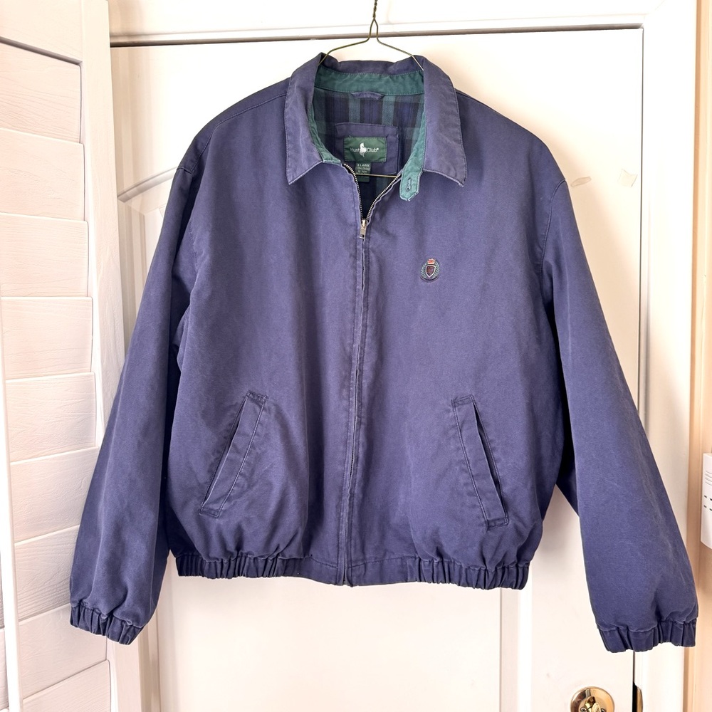 VTG Hunt Club Washed Navy Blue Green Plaid Lining Canvas Cotton Jacket Mens  XL